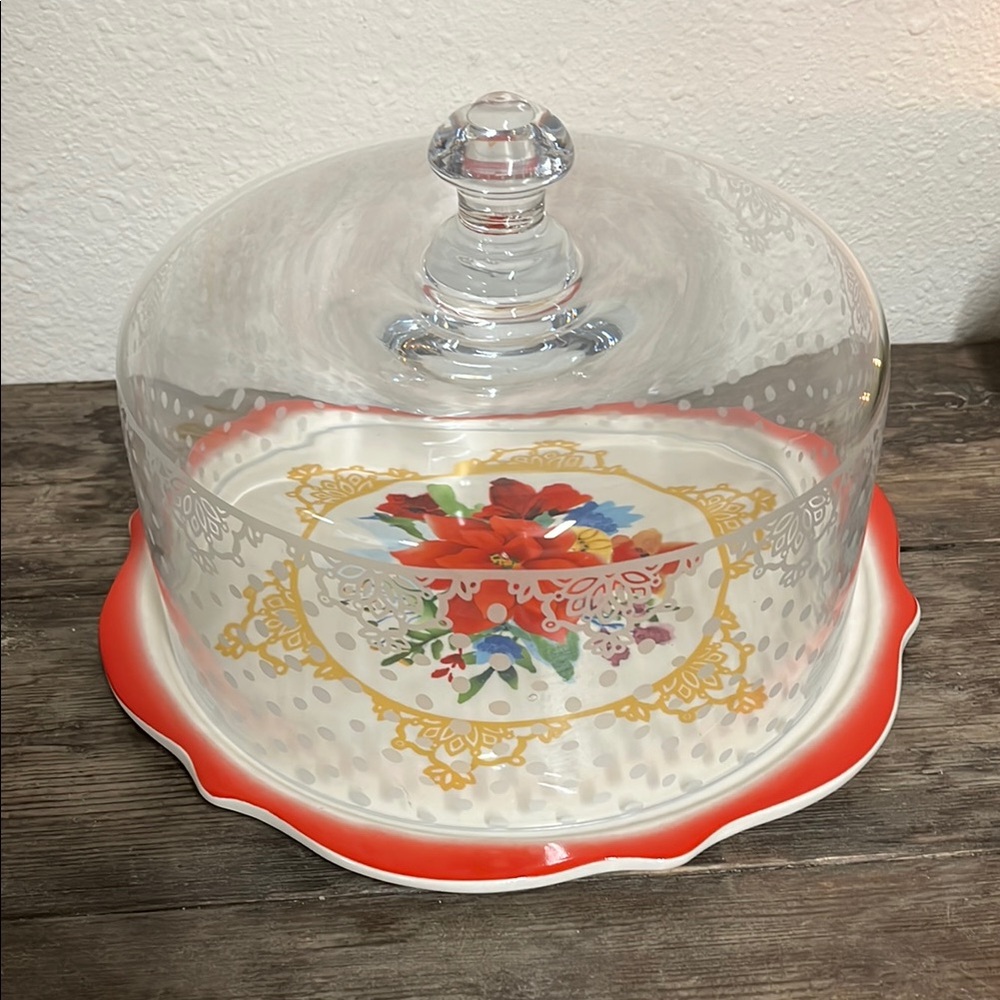 Pioneer Woman Winter Bouquet Holiday Cake Plate W/ Glass Dome open Box